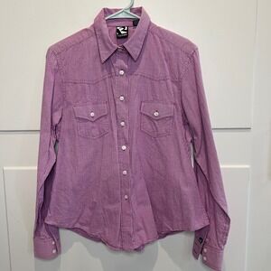 Rockies Button Down Shirt Womens Size L Purple White Gingham Check Cowgirl Rodeo